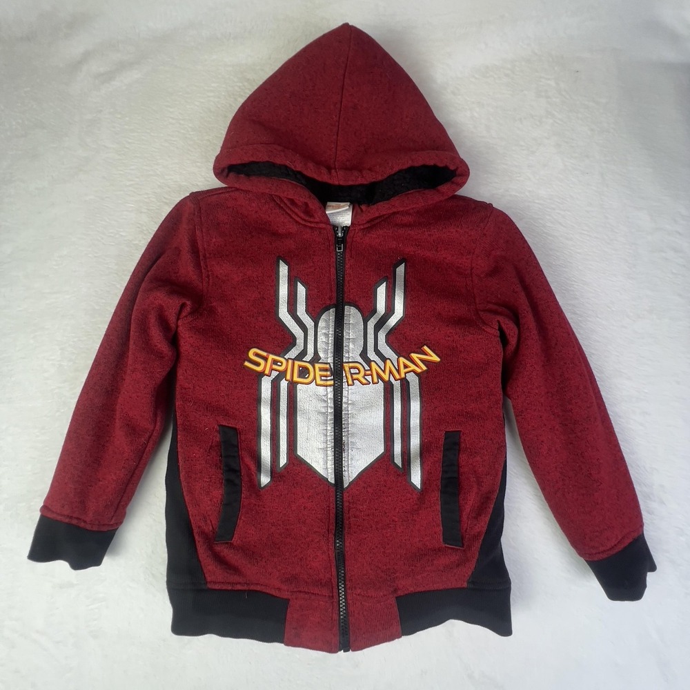 Marvel Spider-Man Homecoming Jacket Kids 7/8 Red Graphic Hooded Fleece‎ Zip